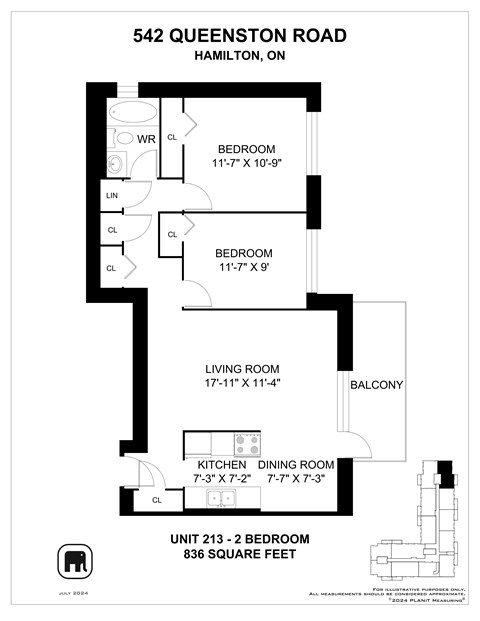 Floor plan for 2 beds, 1 bath, 849 sqft
